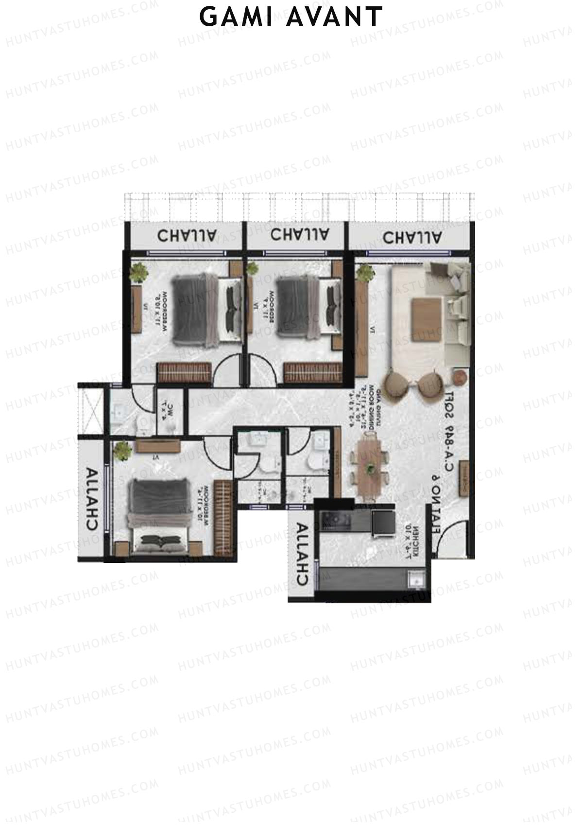 Gami Avant, Wing B, Unit 7, 3BHK, Carpet Area 849   sq ft 