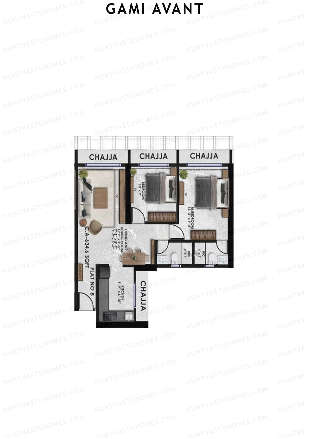 Gami Avant, Wing B, Unit 8, 2BHK, Carpet Area 634   sq ft 