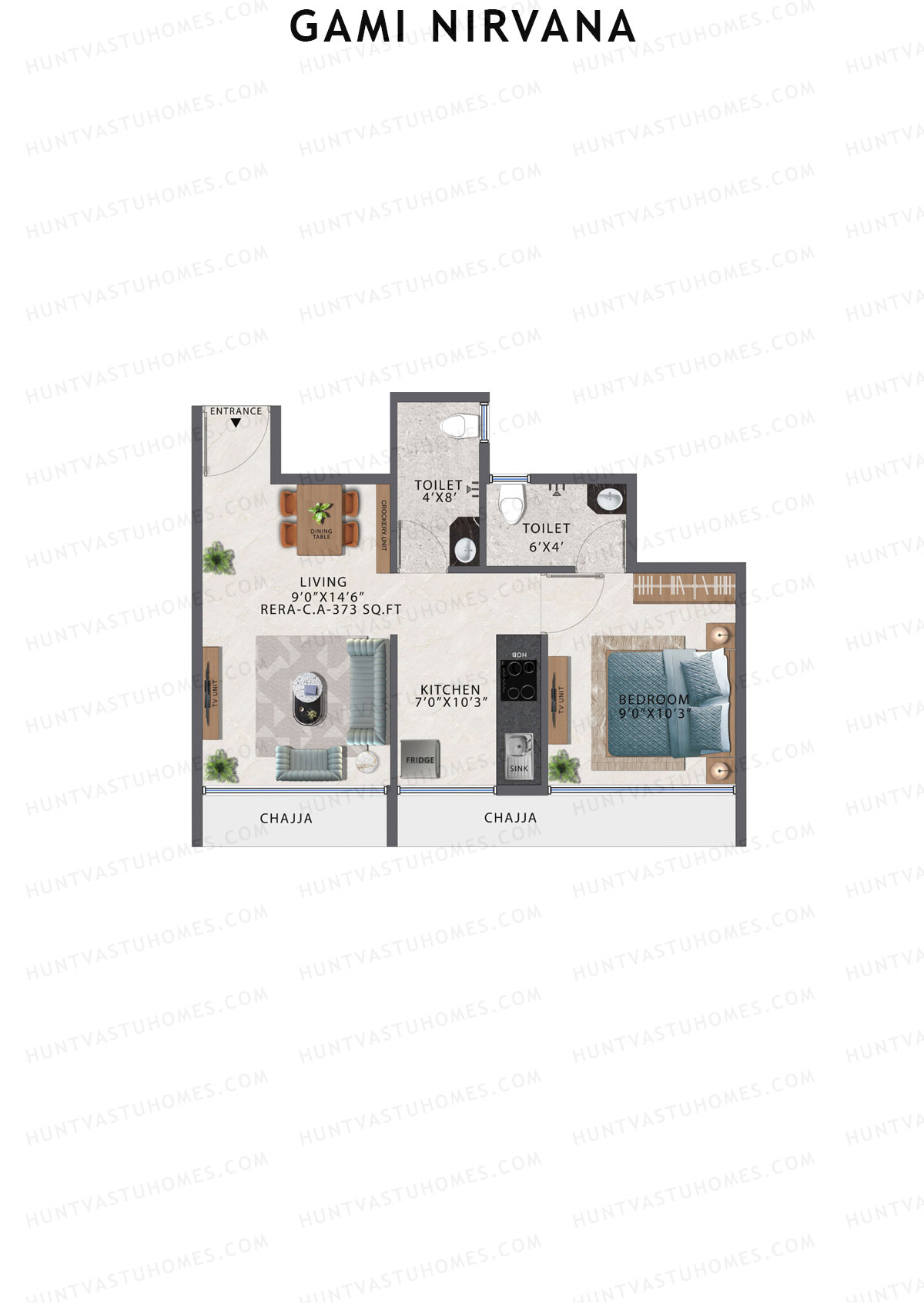 Gami Nirvana, Wing A, Unit 10, 1BHK, Carpet Area 373   sq ft 