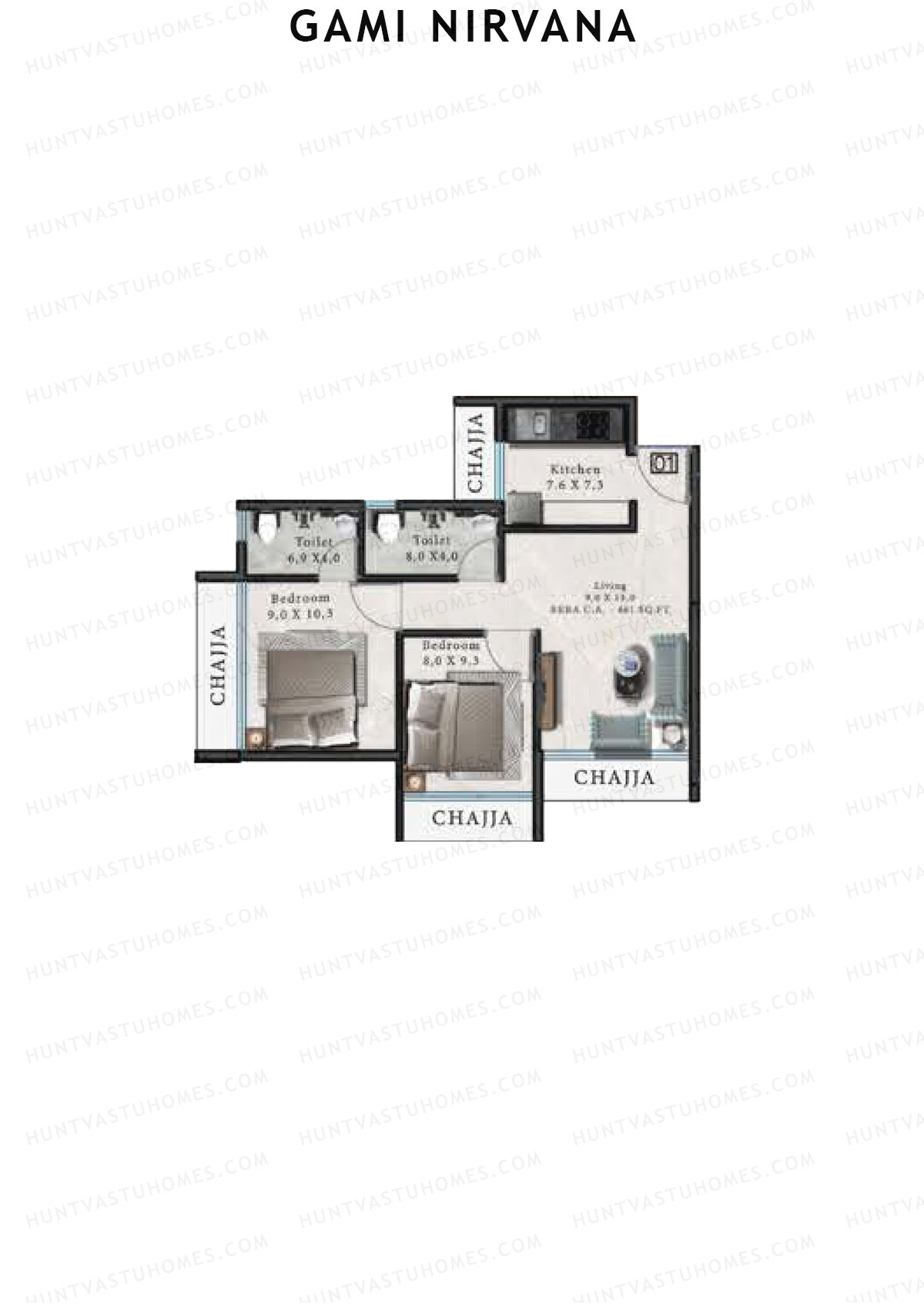 Gami Nirvana, Wing A, Unit 1, 2BHK, Carpet Area 461   sq ft 