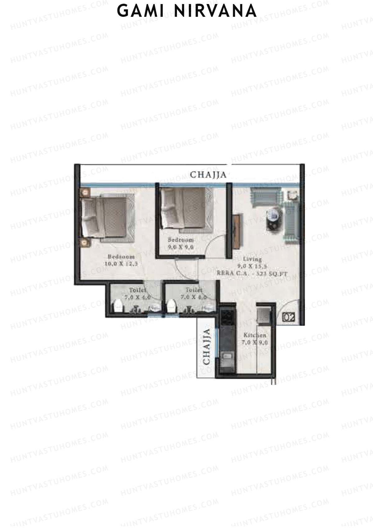 Gami Nirvana, Wing A, Unit 2, 2BHK, Carpet Area 523   sq ft 