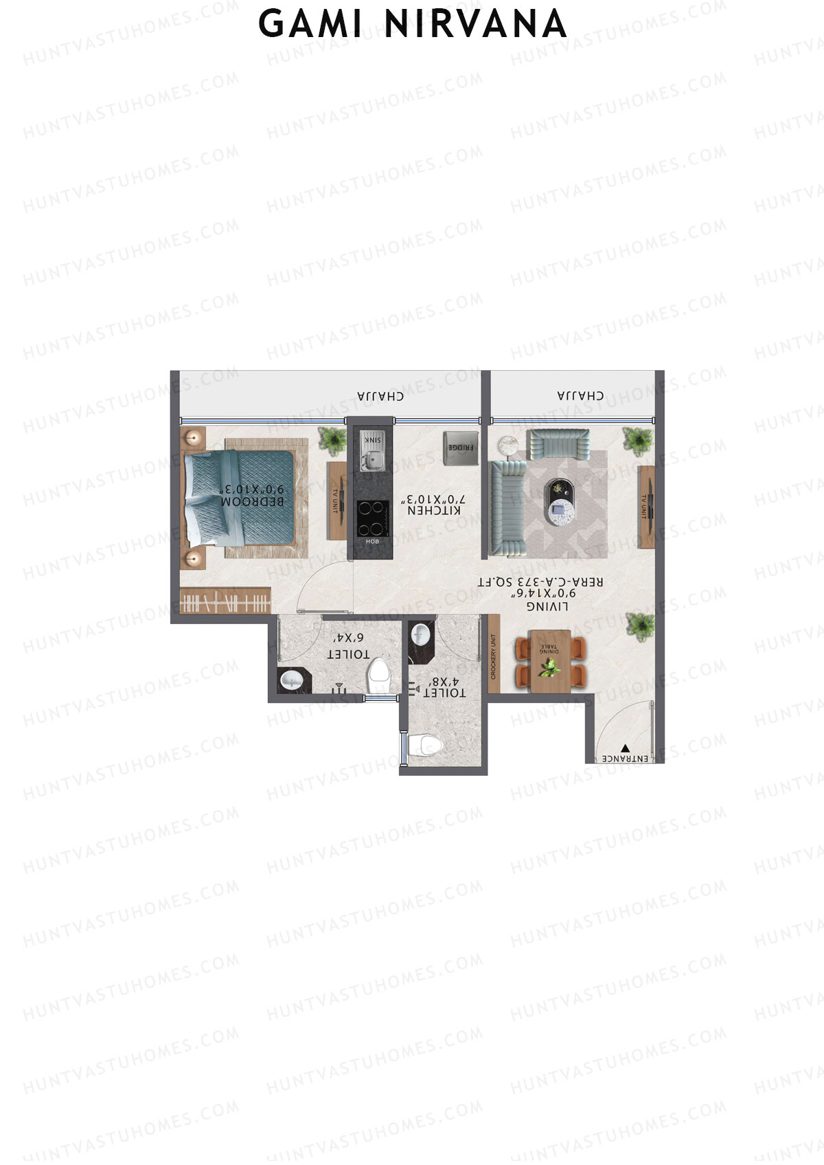 Gami Nirvana, Wing A, Unit 4, 1BHK, Carpet Area 373   sq ft 