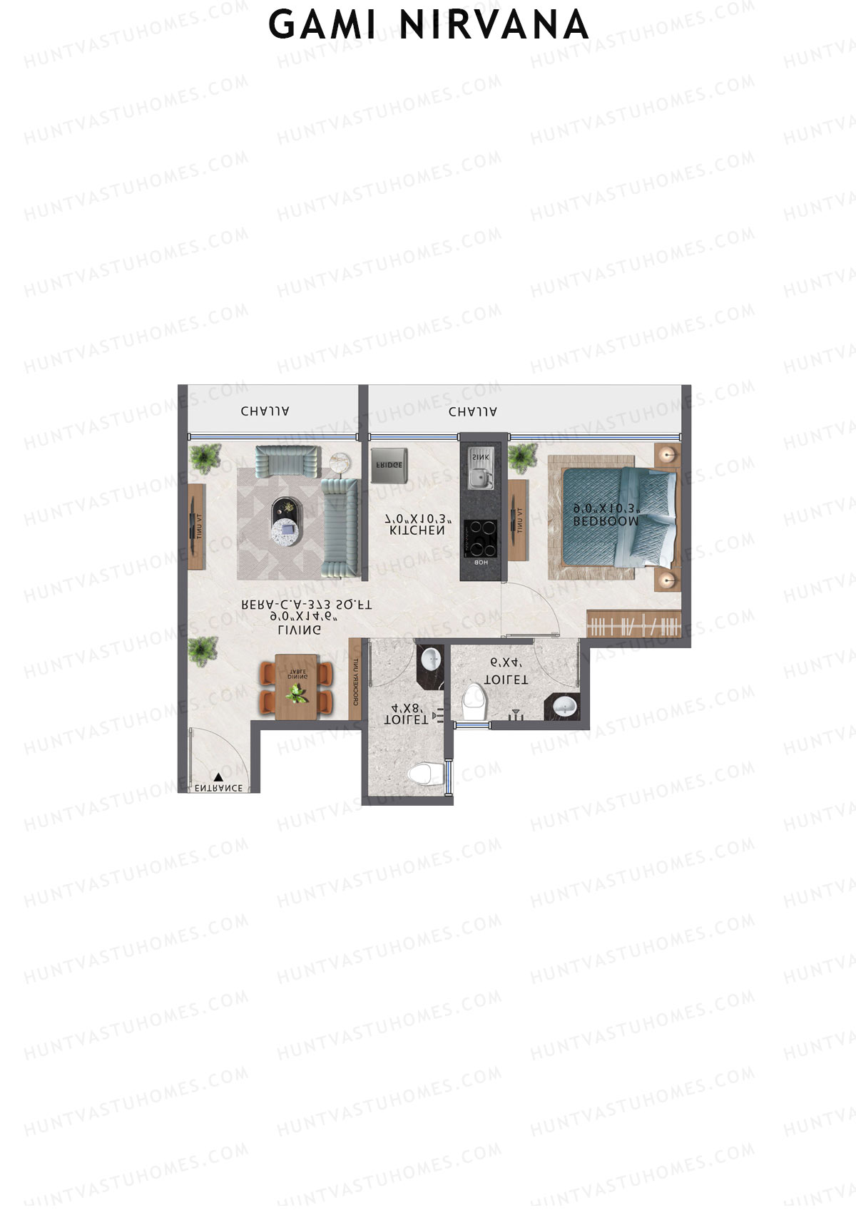 Gami Nirvana, Wing A, Unit 5, 1BHK, Carpet Area 373   sq ft 