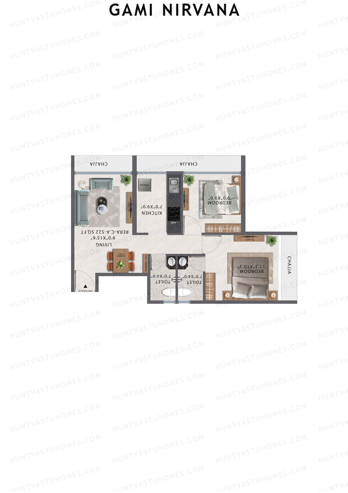 Gami Nirvana, Wing A, Unit 7, 2BHK, Carpet Area 522   sq ft 