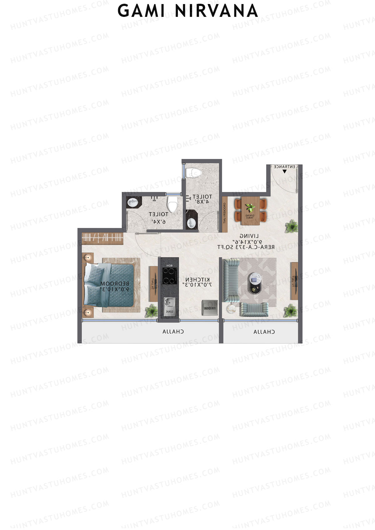 Gami Nirvana, Wing A, Unit 9, 1BHK, Carpet Area 373   sq ft 