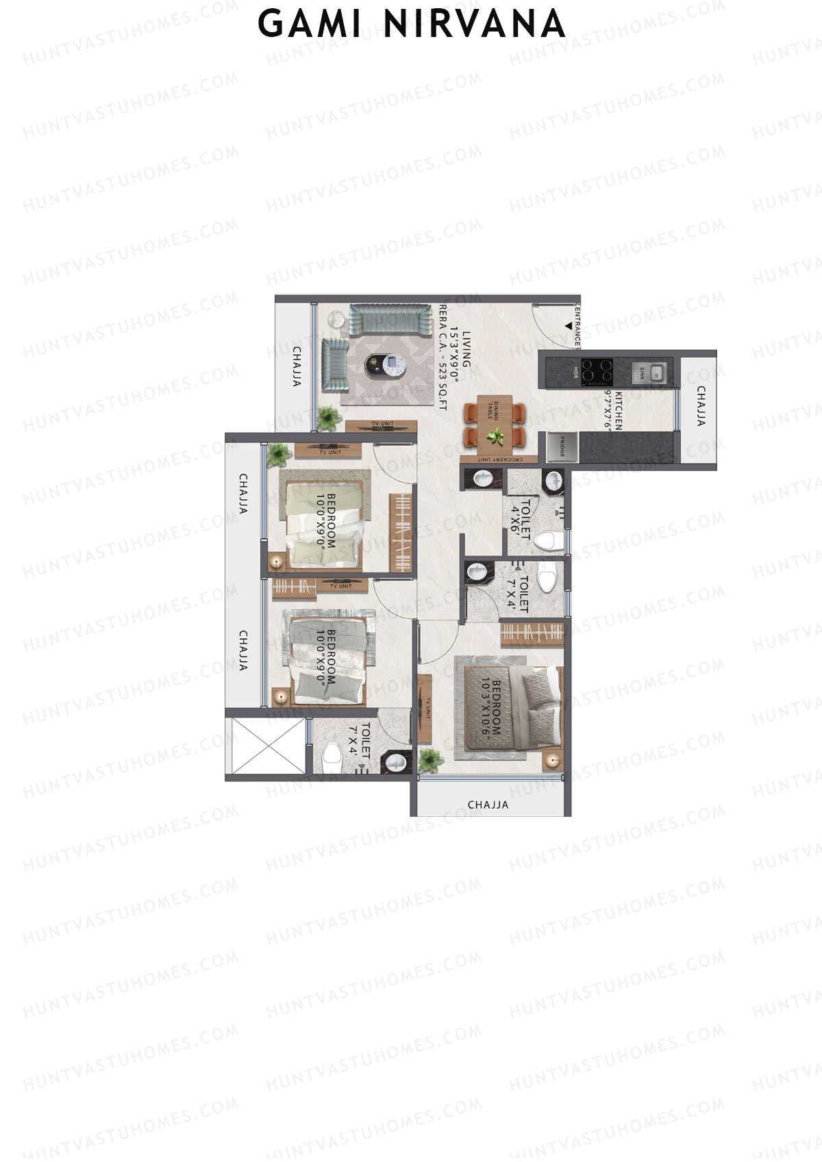 Gami Nirvana, Wing B, Unit 1, 3BHK, Carpet Area 679   sq ft 