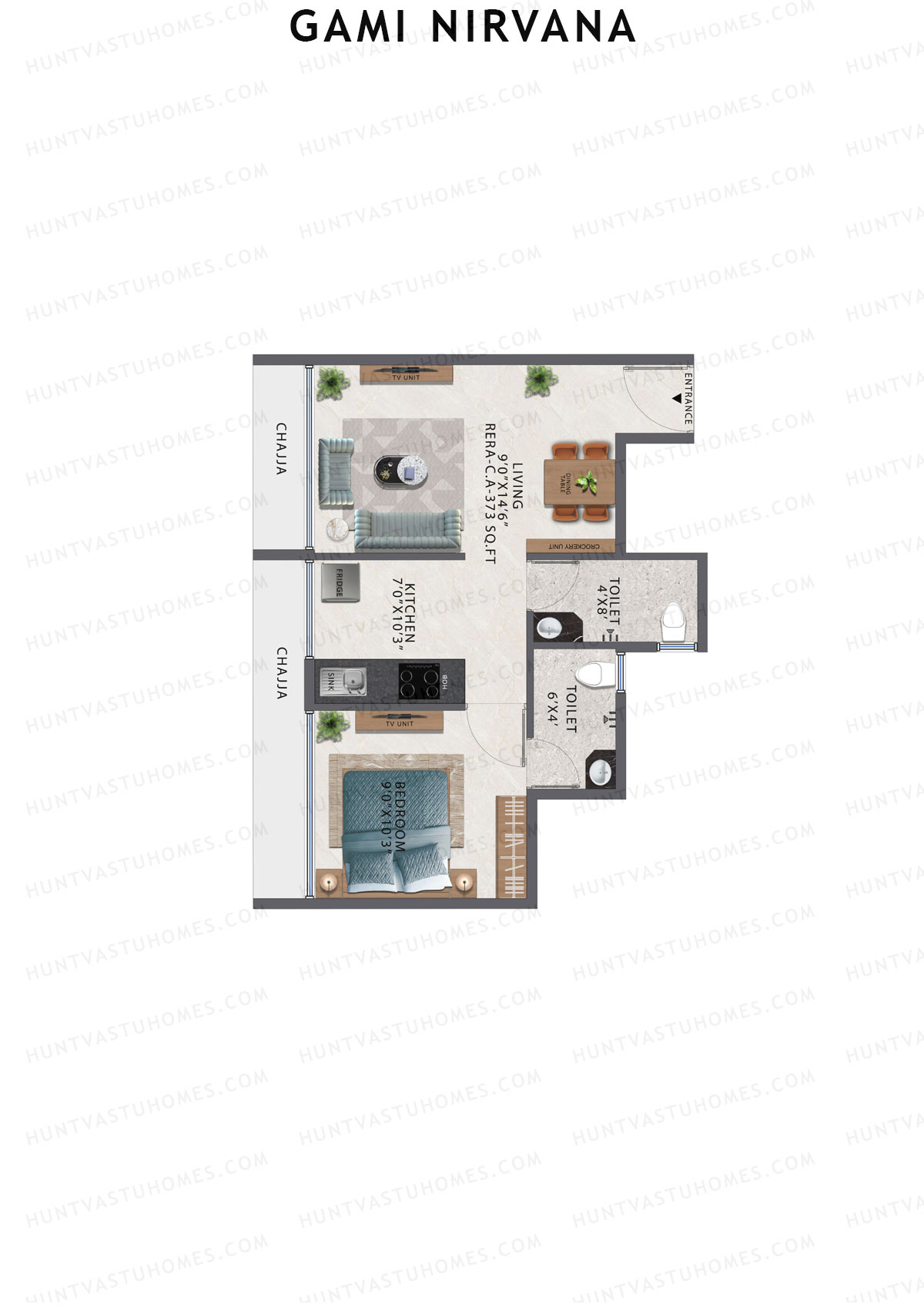 Gami Nirvana, Wing B, Unit 2, 1BHK, Carpet Area 373   sq ft 