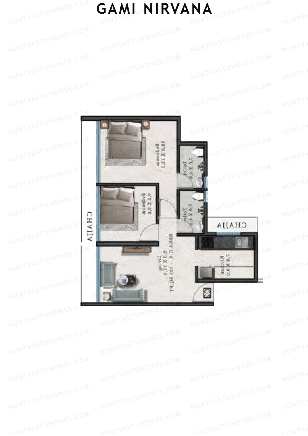 Gami Nirvana, Wing B, Unit 3, 2BHK, Carpet Area 523   sq ft 