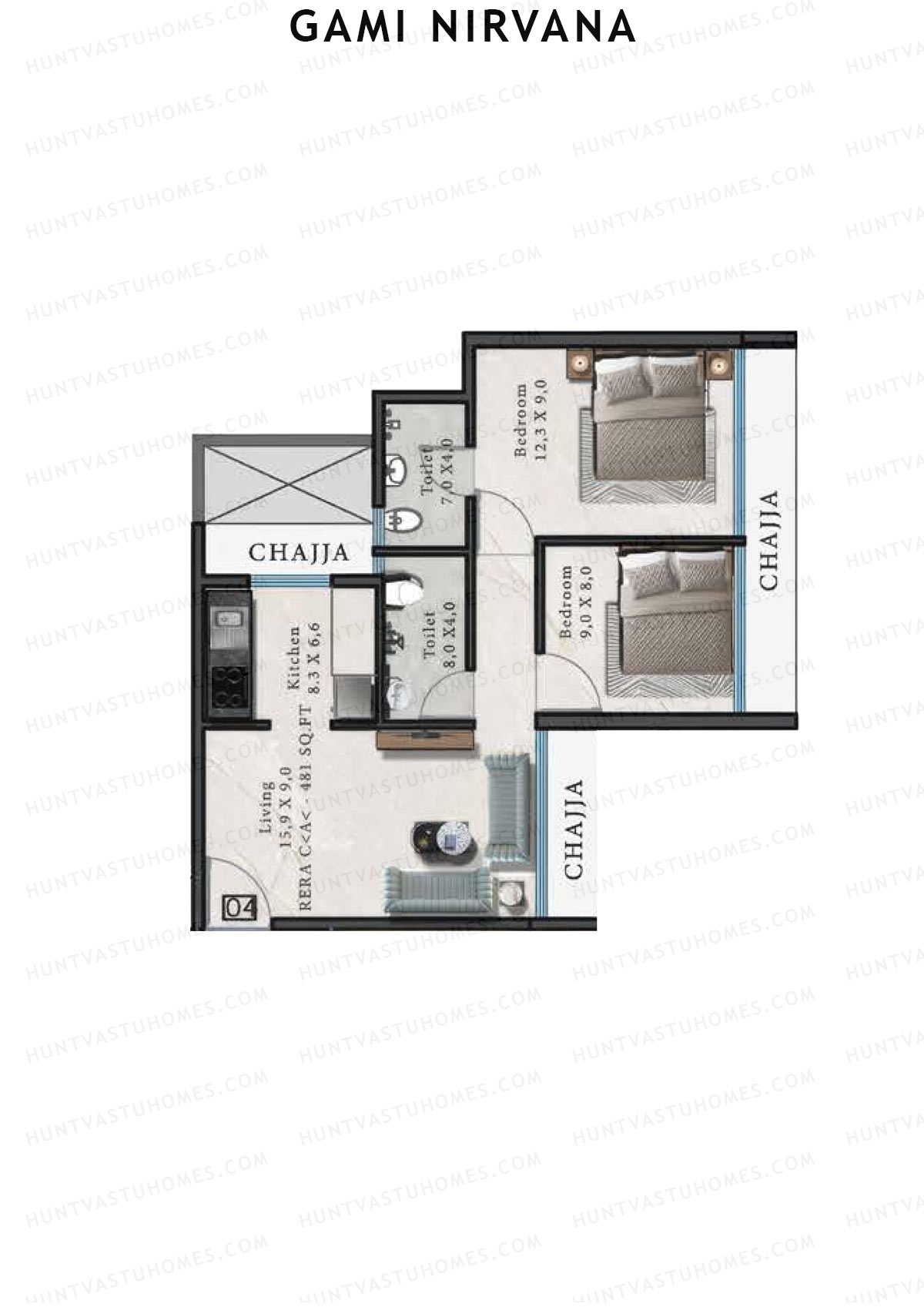 Gami Nirvana, Wing B, Unit 4, 2BHK, Carpet Area 481   sq ft 