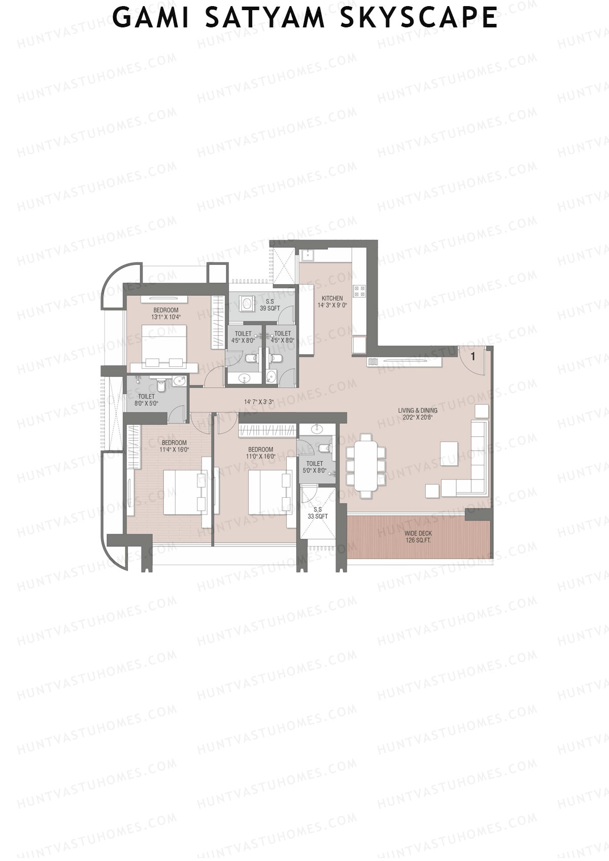 Gami Satyam Skyscape, Satyam, Unit 1, 3BHK, Carpet Area 1356   sq ft 