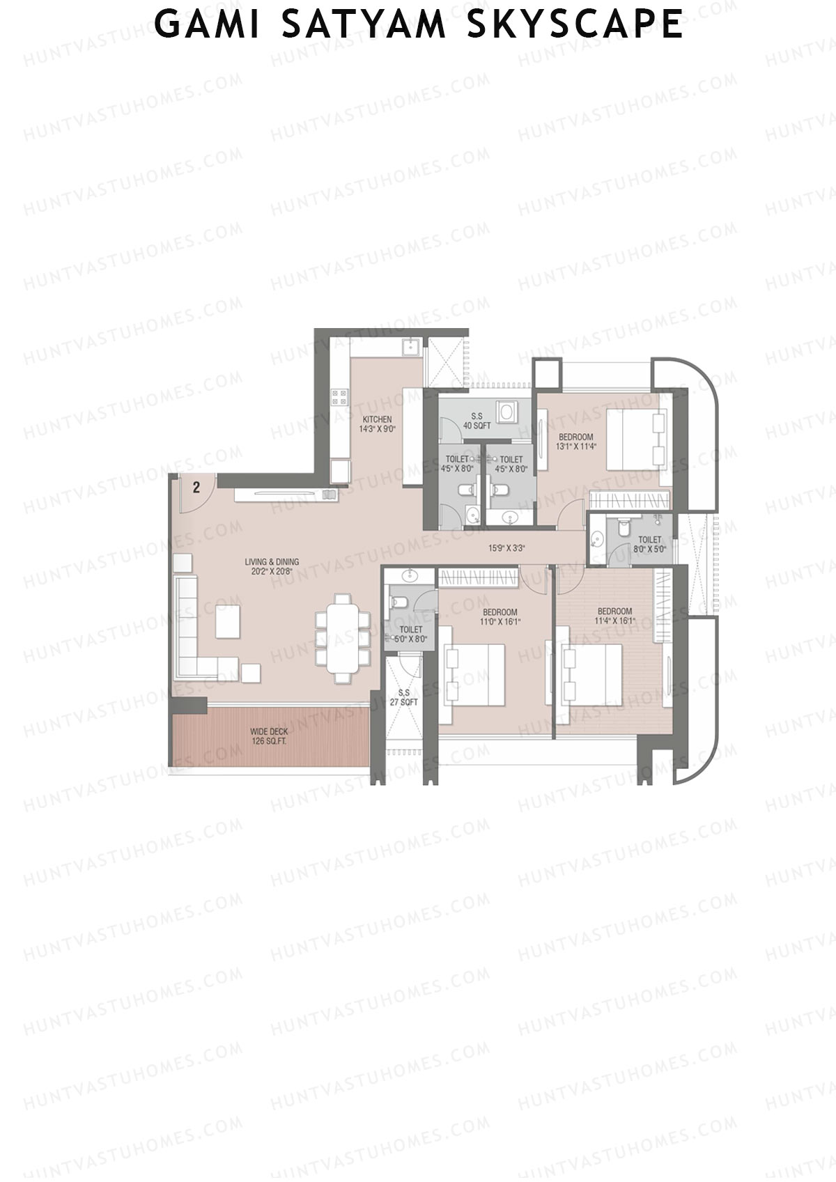 Gami Satyam Skyscape, Satyam, Unit 2, 3BHK, Carpet Area 1348   sq ft 