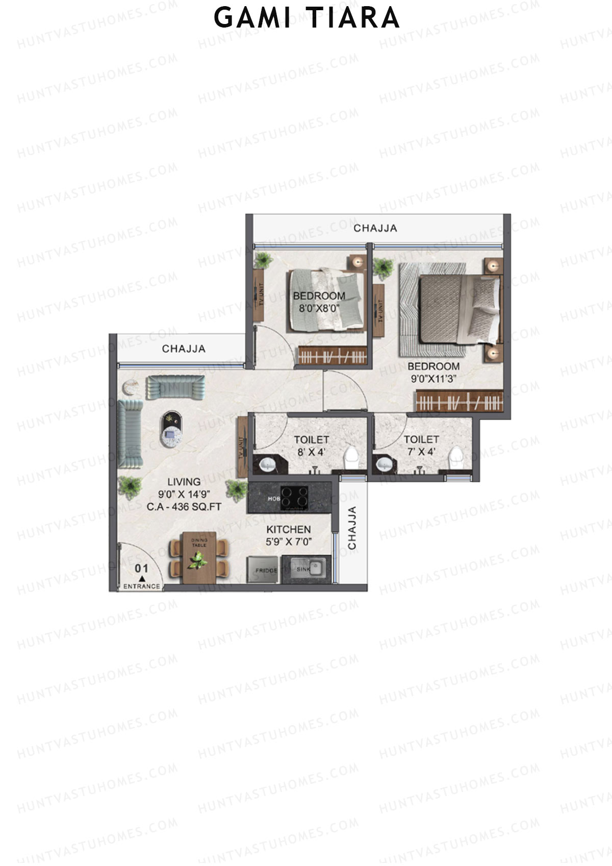 Gami Tiara, Wing A, Unit 1, 2BHK, Carpet Area 436   sq ft 