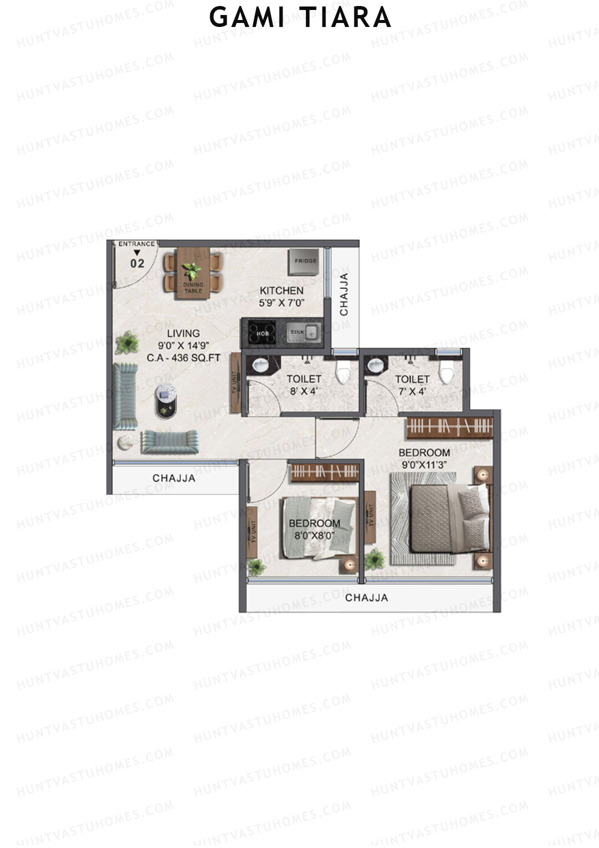 Gami Tiara, Wing A, Unit 2, 2BHK, Carpet Area 436   sq ft 