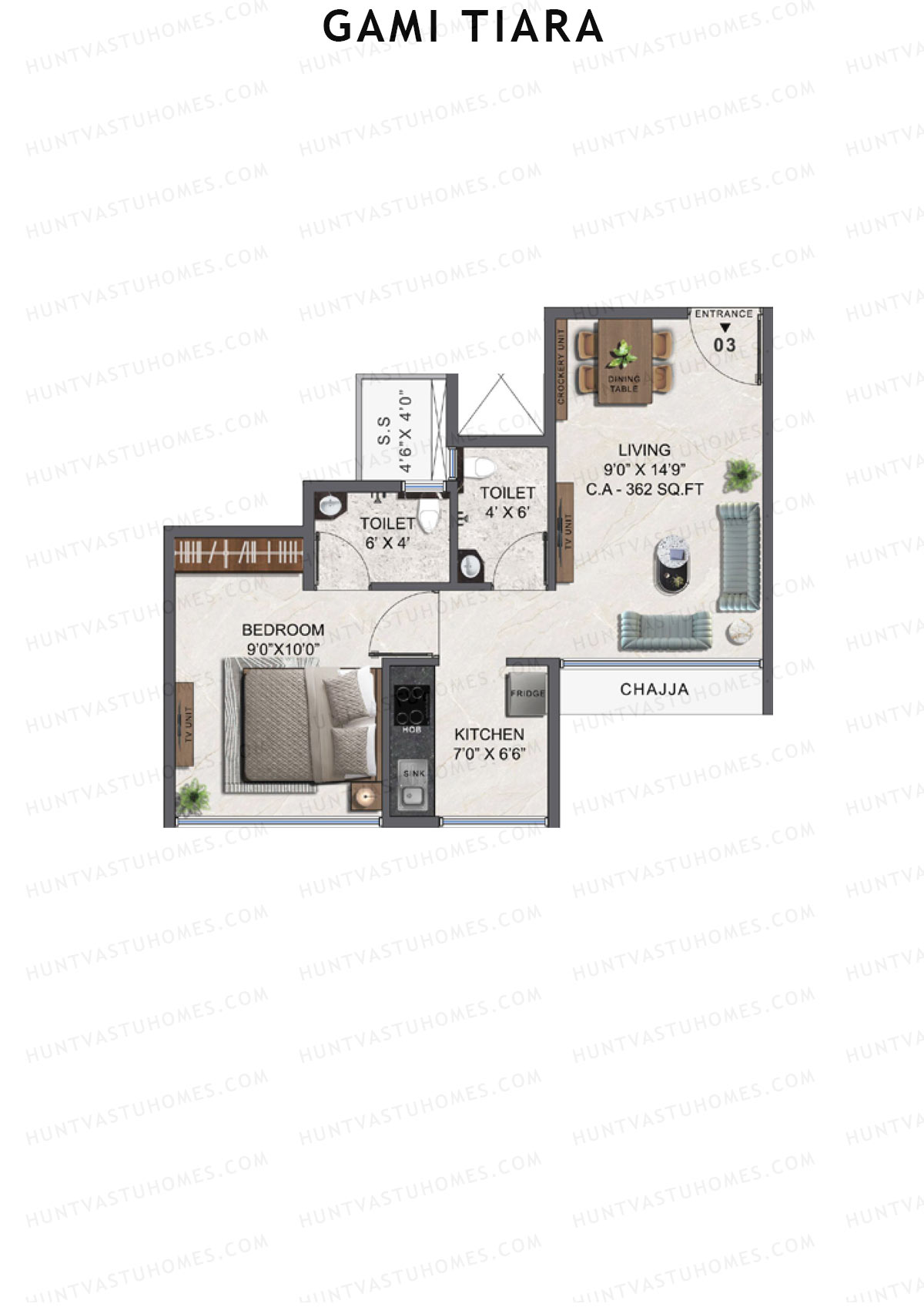 Gami Tiara, Wing A, Unit 3, 1BHK, Carpet Area 362   sq ft 
