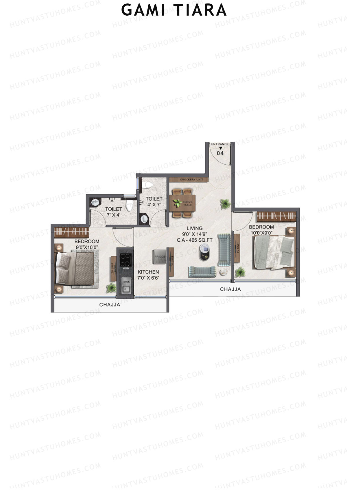 Gami Tiara, Wing A, Unit 4, 2BHK, Carpet Area 465   sq ft 