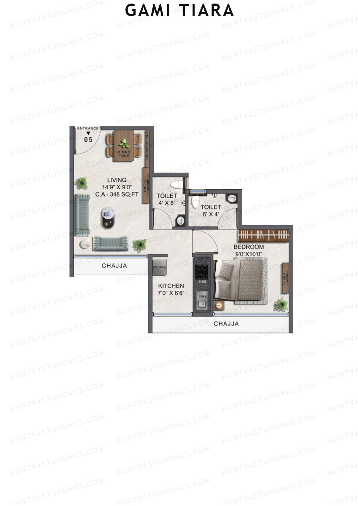 Gami Tiara, Wing A, Unit 5, 1BHK, Carpet Area 348   sq ft 