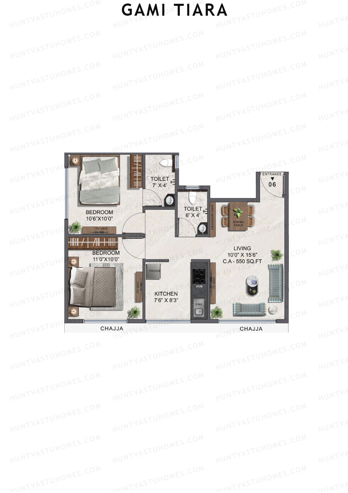 Gami Tiara, Wing A, Unit 6, 2BHK, Carpet Area 550   sq ft 