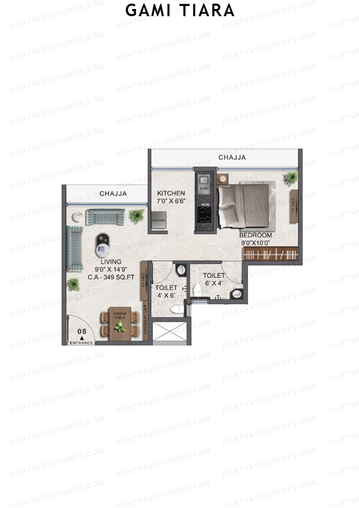 Gami Tiara, Wing A, Unit 8, 1BHK, Carpet Area 349   sq ft 
