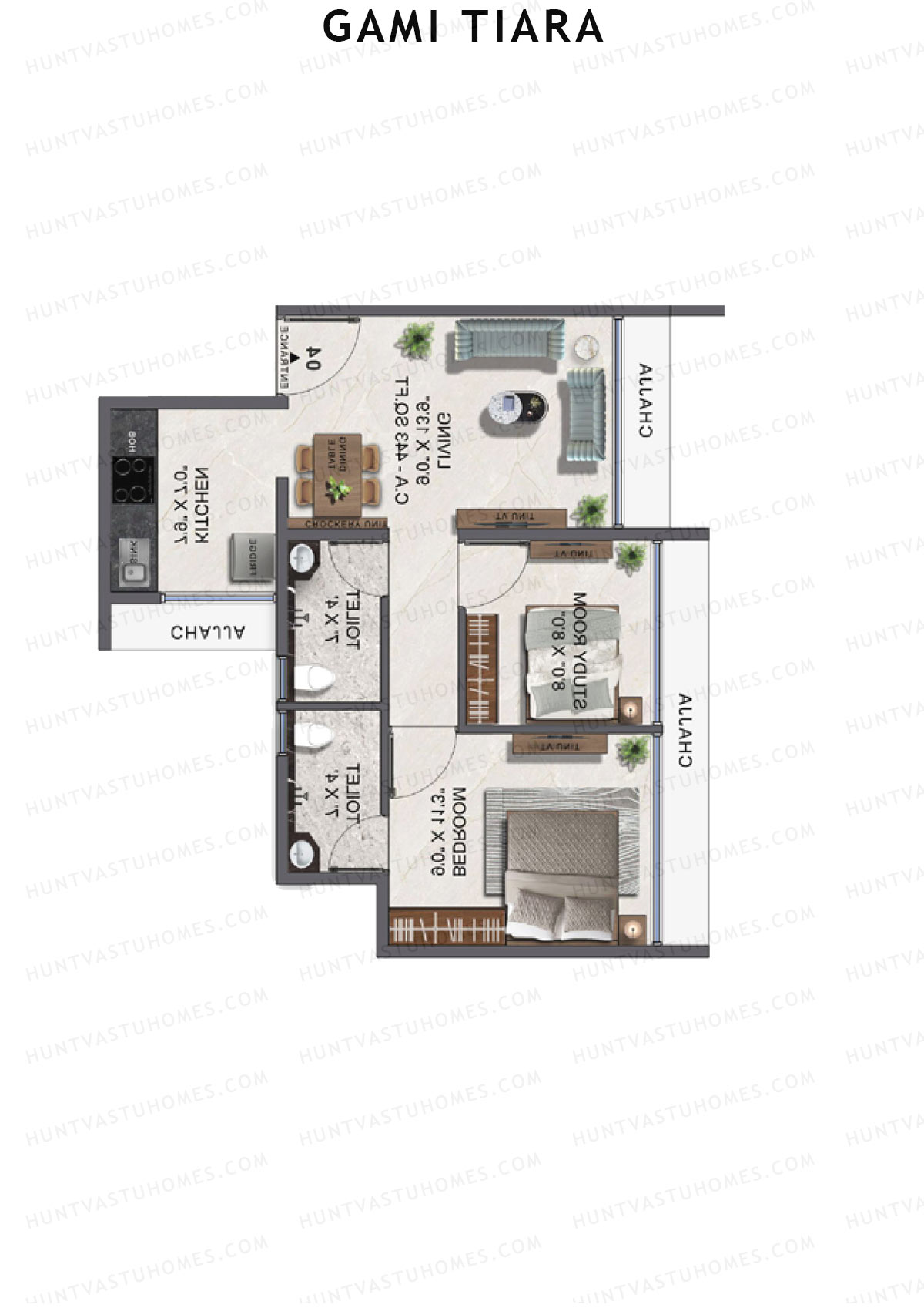 Gami Tiara, Wing B, Unit 10, 1BHK, Carpet Area 443   sq ft 