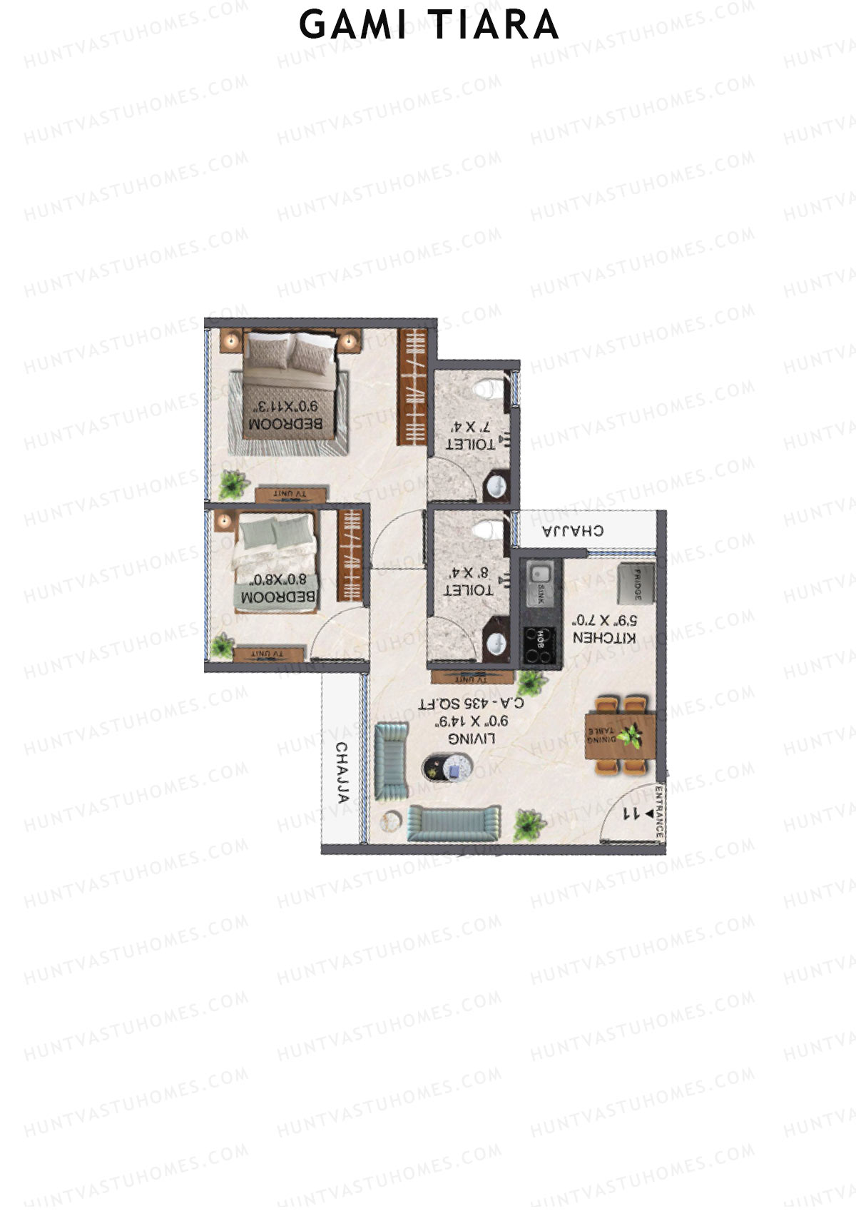 Gami Tiara, Wing B, Unit 11, 2BHK, Carpet Area 435   sq ft 