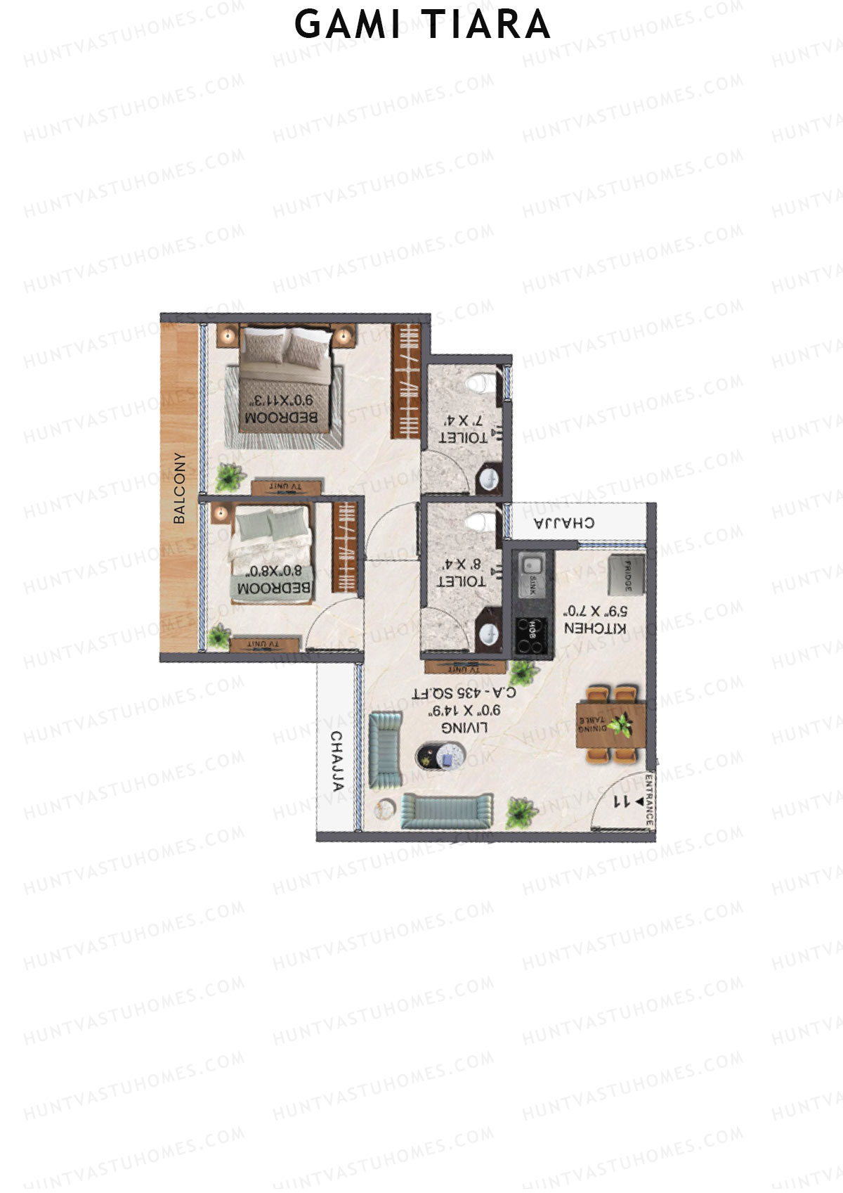 Gami Tiara, Wing B, Unit 11, 2BHK, Carpet Area 435   sq ft 