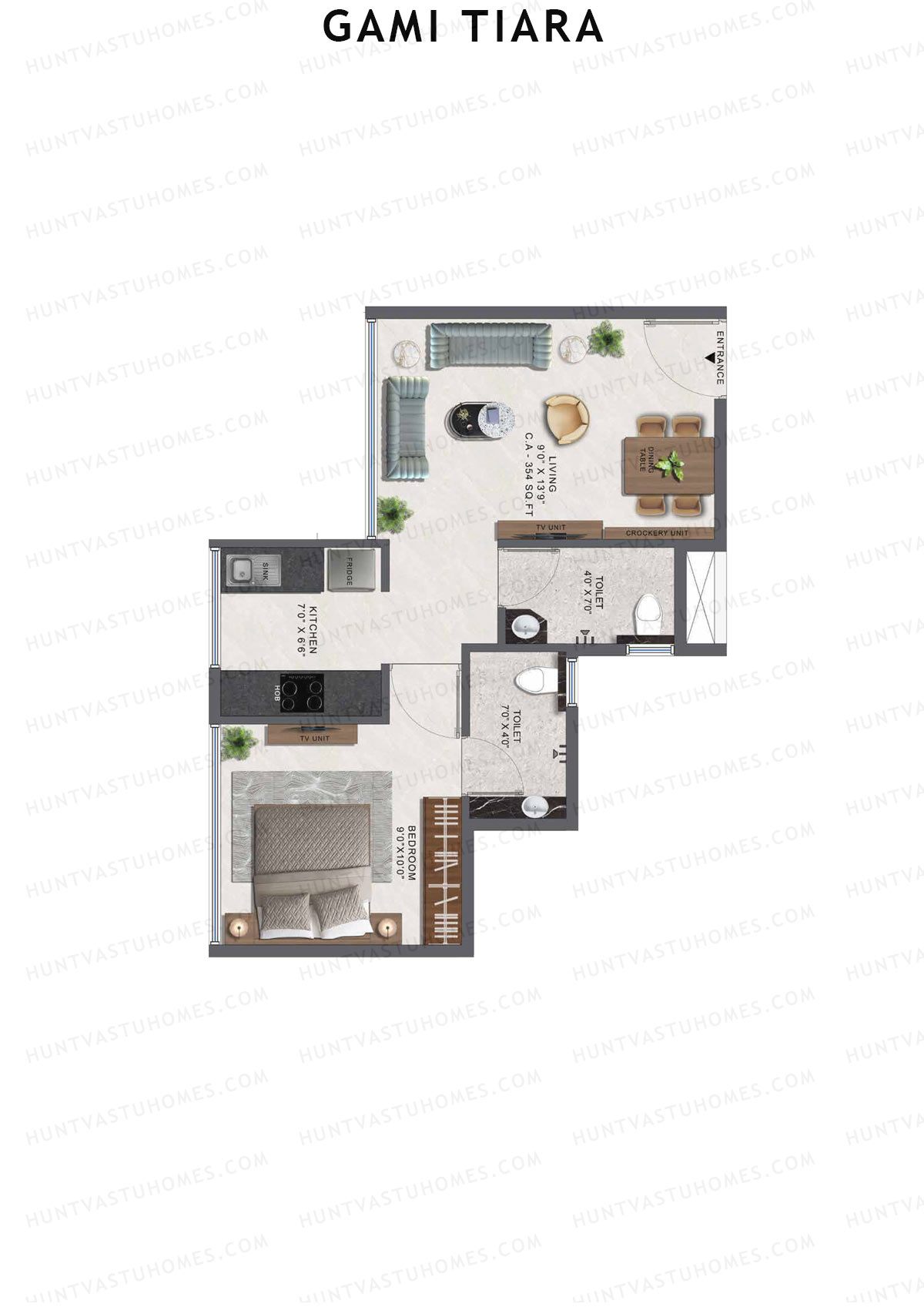 Gami Tiara, Wing B, Unit 2, 1BHK, Carpet Area 354   sq ft 