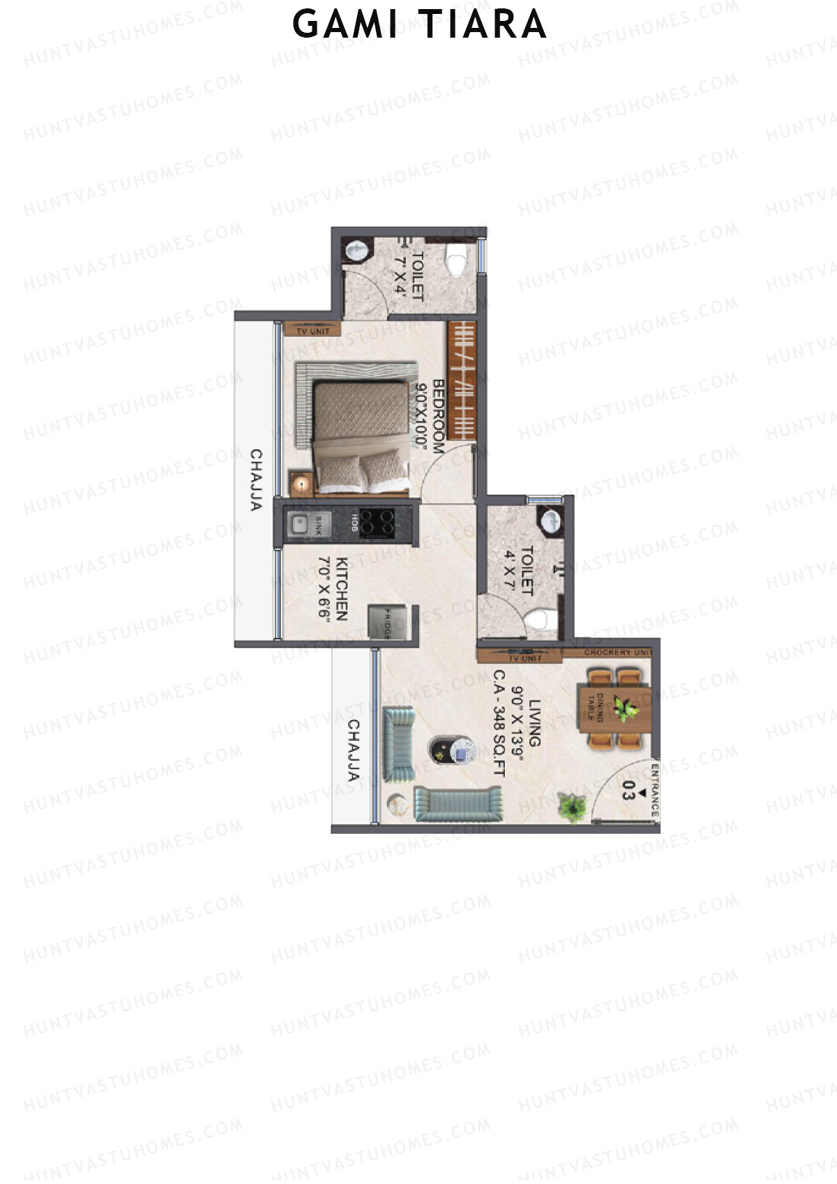 Gami Tiara, Wing B, Unit 3, 1BHK, Carpet Area 348   sq ft 