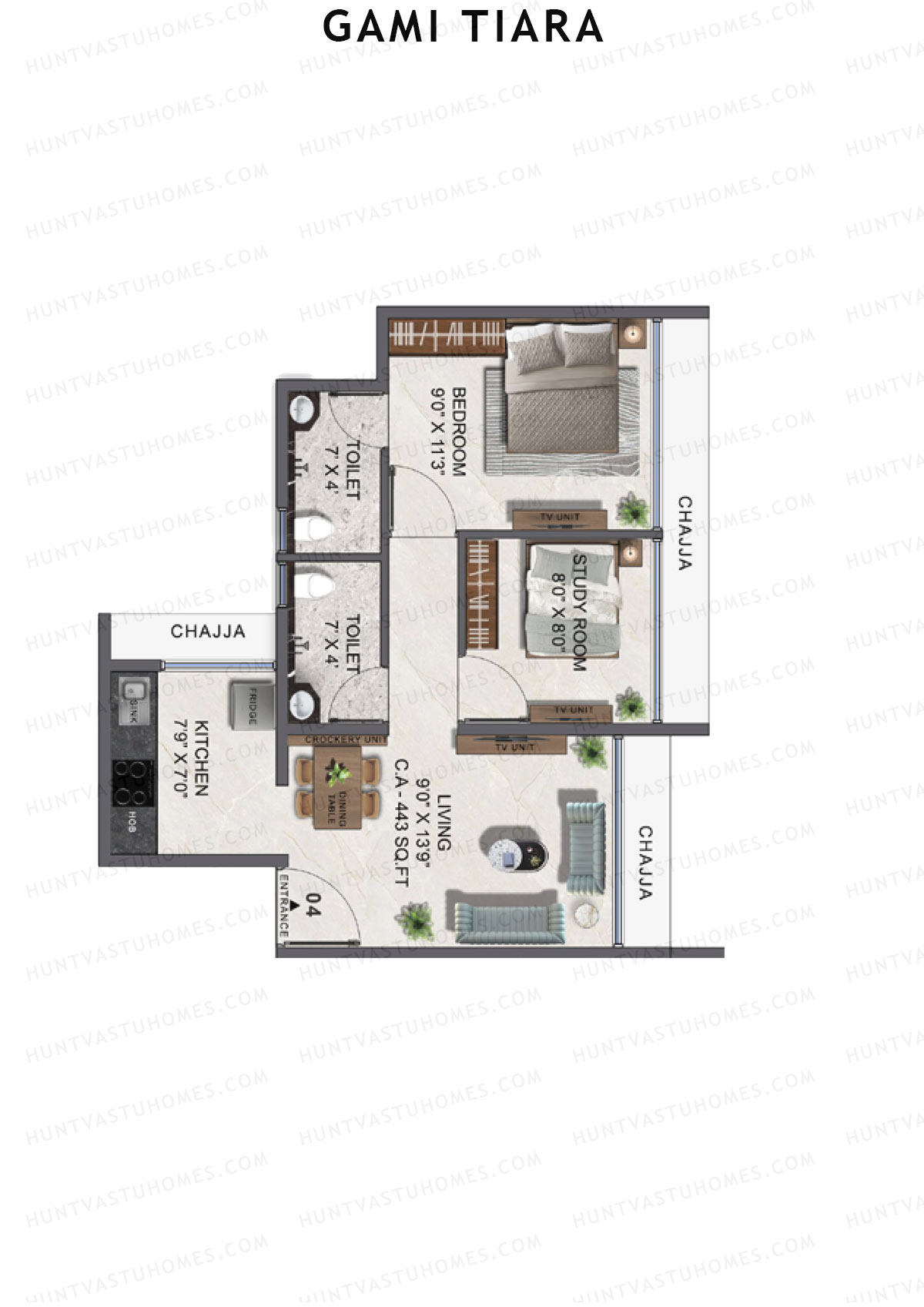 Gami Tiara, Wing B, Unit 4, 1BHK, Carpet Area 443   sq ft 
