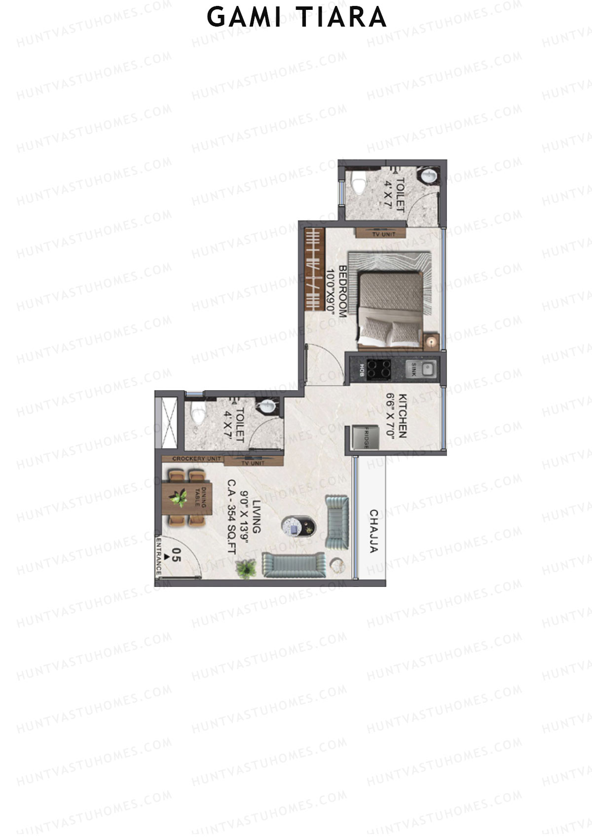 Gami Tiara, Wing B, Unit 5, 1BHK, Carpet Area 354   sq ft 
