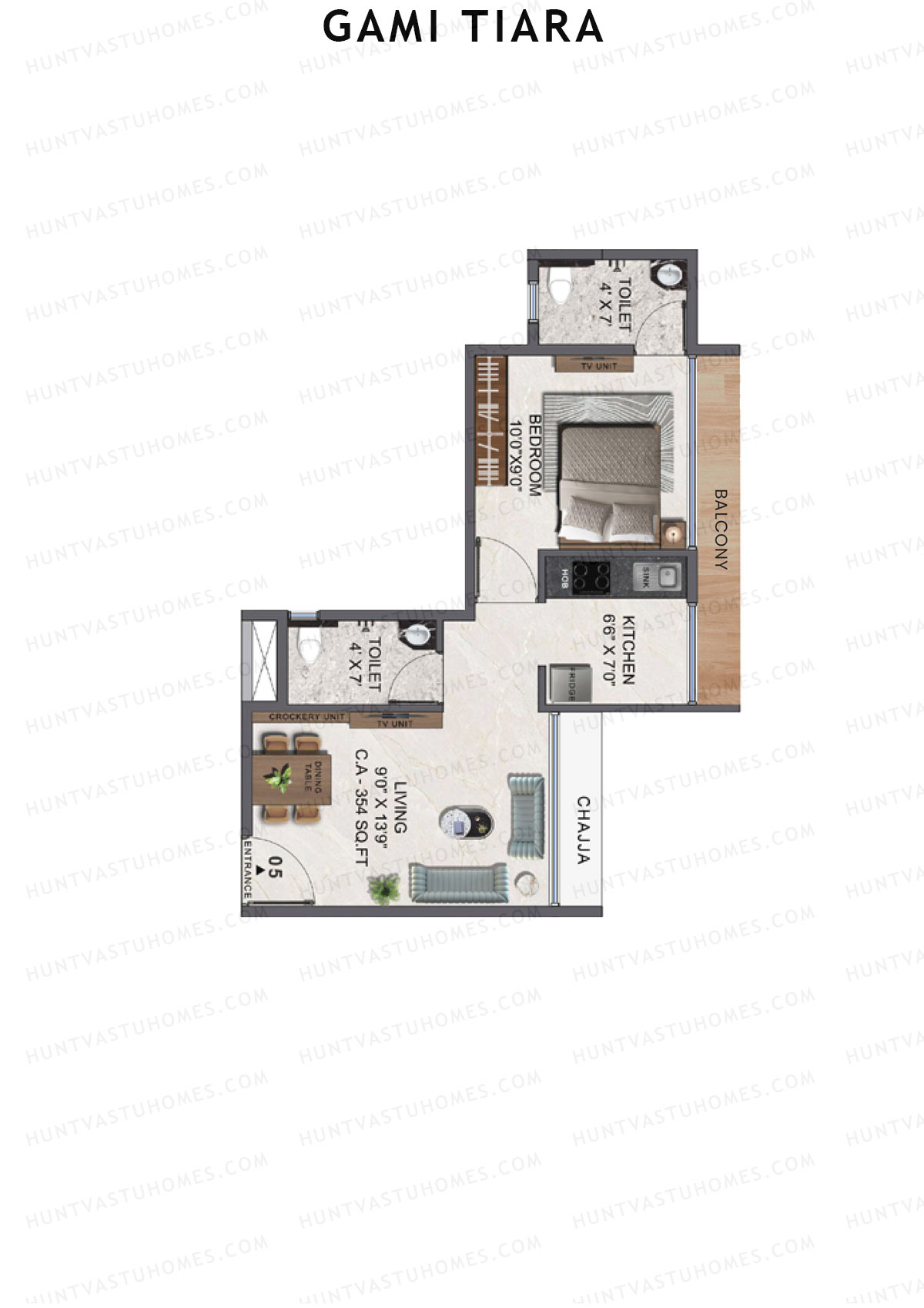 Gami Tiara, Wing B, Unit 5, 1BHK, Carpet Area 354   sq ft 