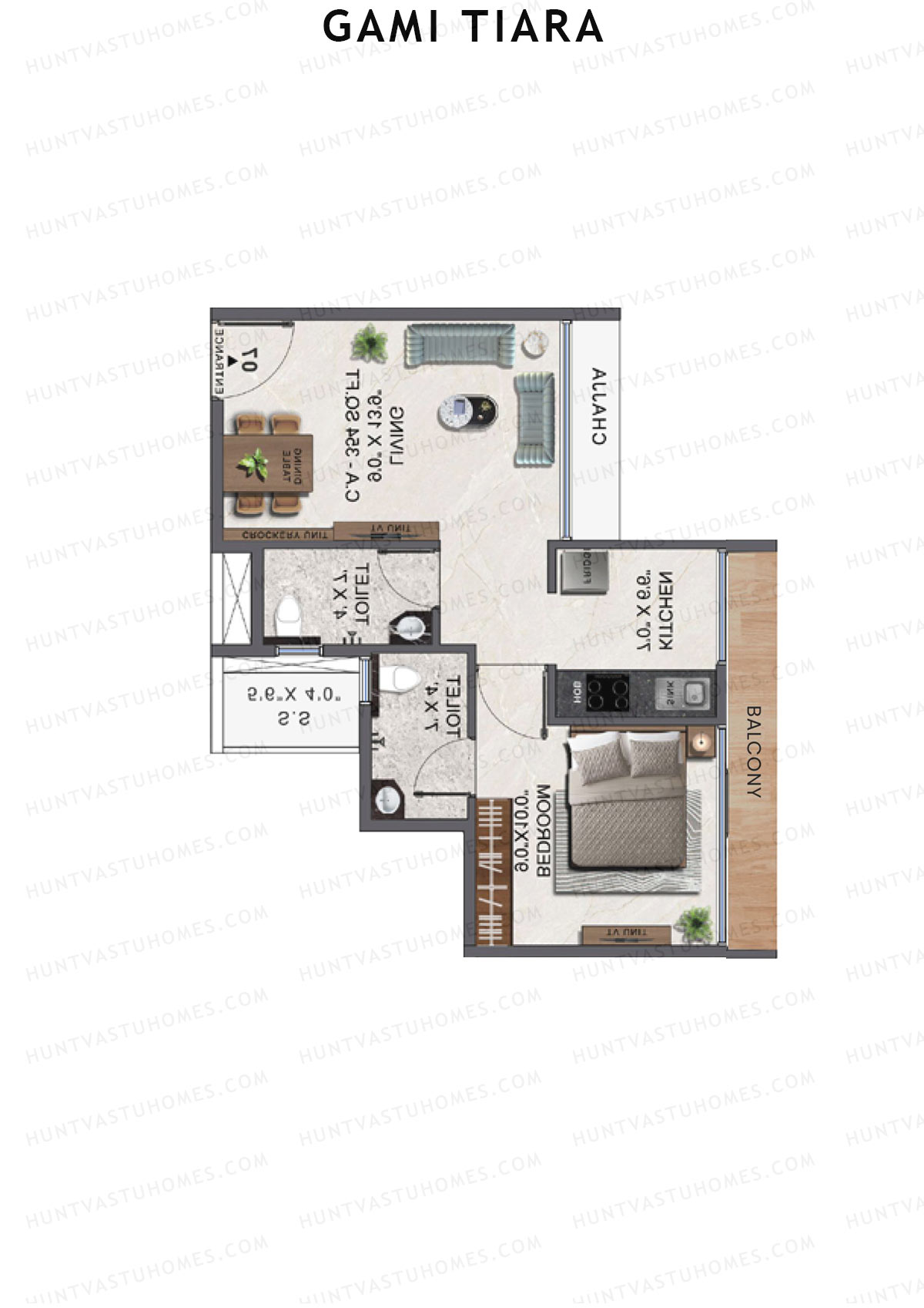 Gami Tiara, Wing B, Unit 6, 1BHK, Carpet Area 354   sq ft 