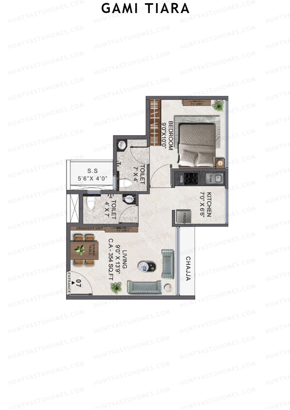 Gami Tiara, Wing B, Unit 7, 1BHK, Carpet Area 354   sq ft 