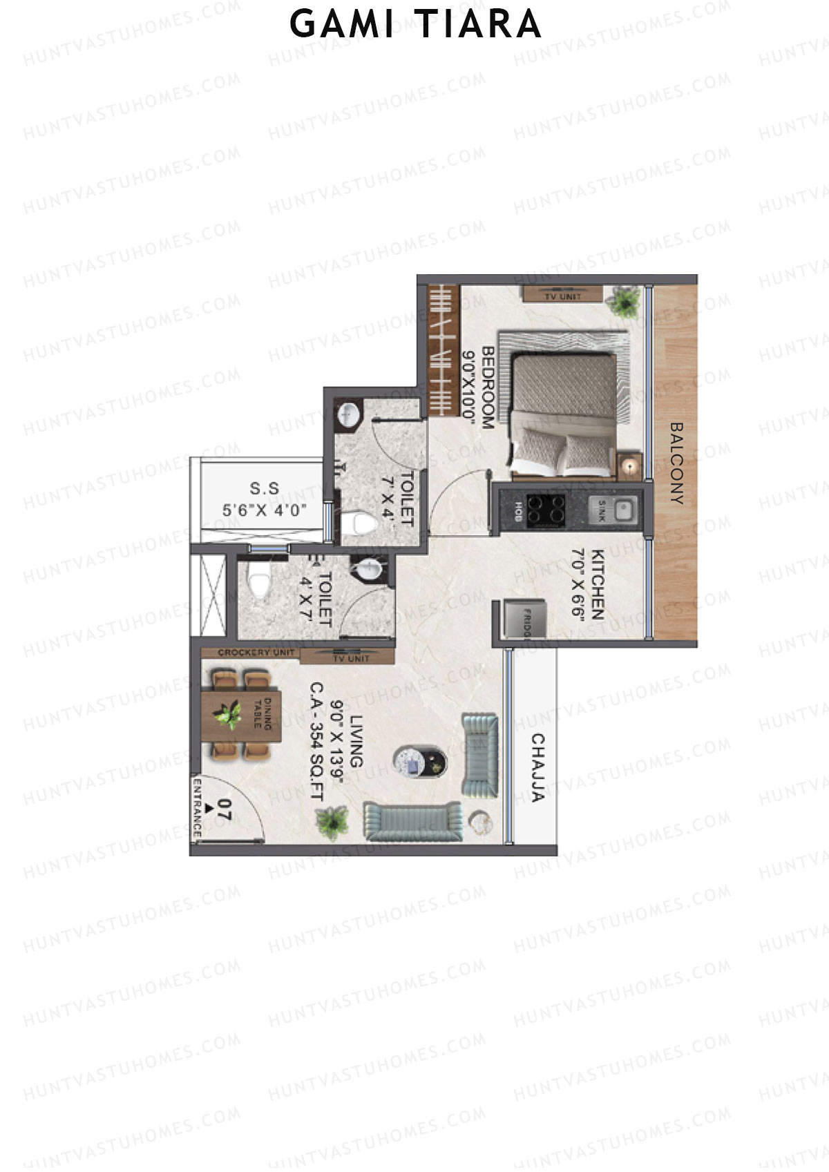 Gami Tiara, Wing B, Unit 7, 1BHK, Carpet Area 354   sq ft 