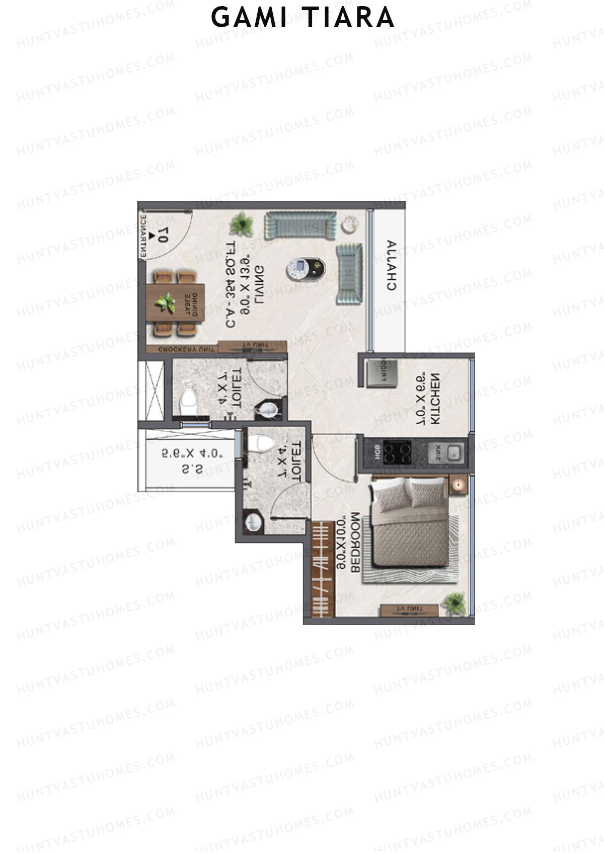 Gami Tiara, Wing B, Unit 8, 1BHK, Carpet Area 354   sq ft 