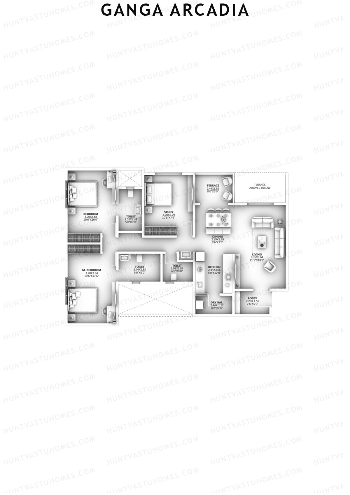 Ganga Arcadia, Tower A, Unit 1, 3BHK, Super Area 1211   sq ft 
