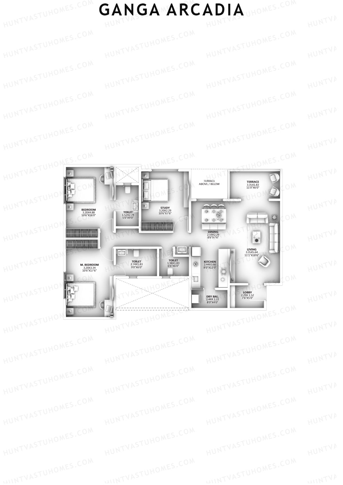 Ganga Arcadia, Tower A, Unit 1, 3BHK, Super Area 1227   sq ft 