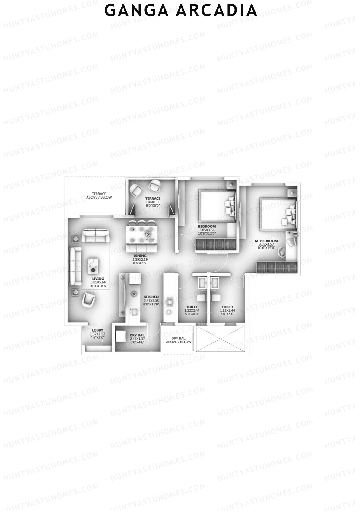 Ganga Arcadia, Tower A, Unit 2, 2BHK, Super Area 880   sq ft 