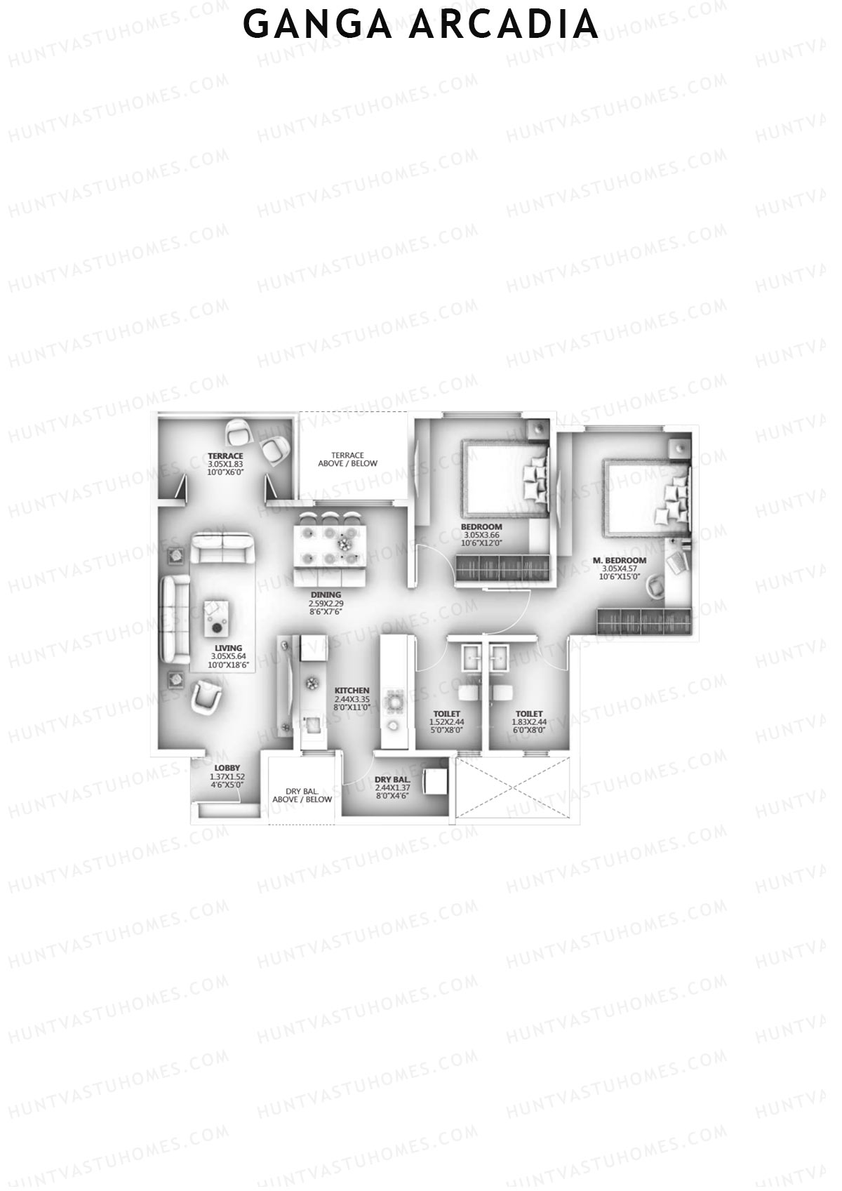 Ganga Arcadia, Tower A, Unit 2, 2BHK, Super Area 887   sq ft 