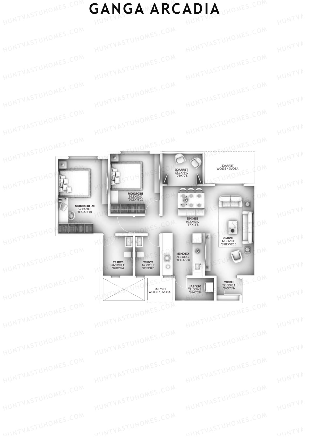 Ganga Arcadia, Tower A, Unit 3, 2BHK, Super Area 878   sq ft 