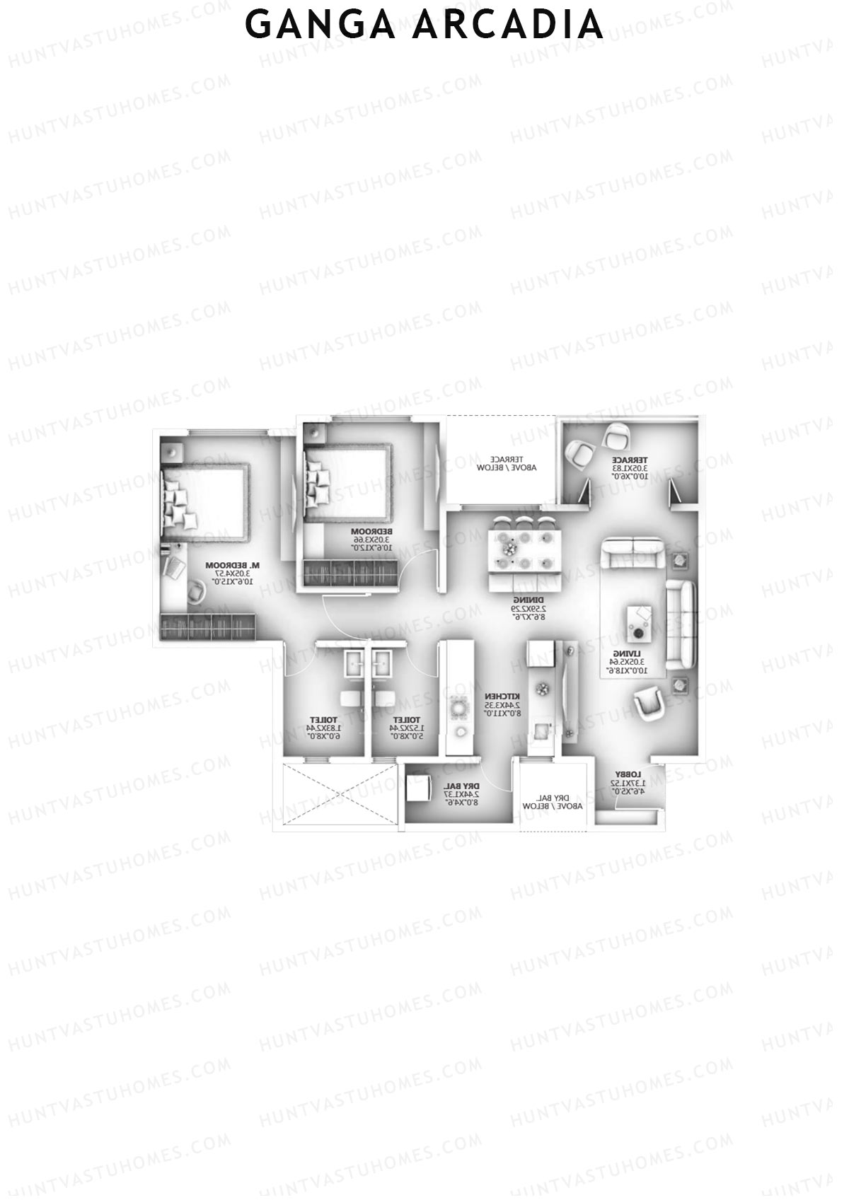 Ganga Arcadia, Tower A, Unit 3, 2BHK, Super Area 885   sq ft 