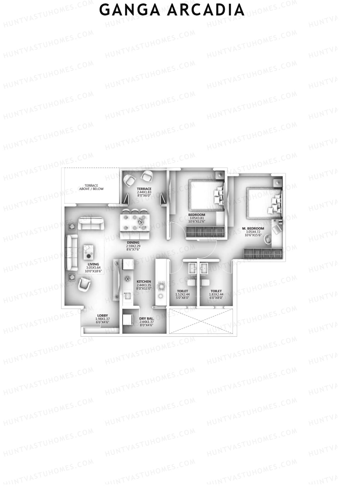 Ganga Arcadia, Tower A, Unit 4, 2BHK, Super Area 888   sq ft 