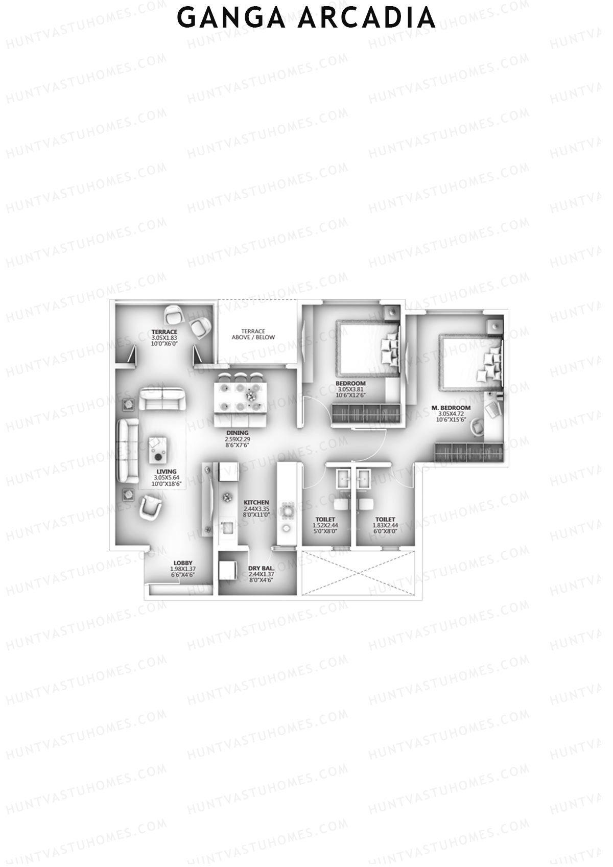 Ganga Arcadia, Tower A, Unit 4, 2BHK, Super Area 898   sq ft 