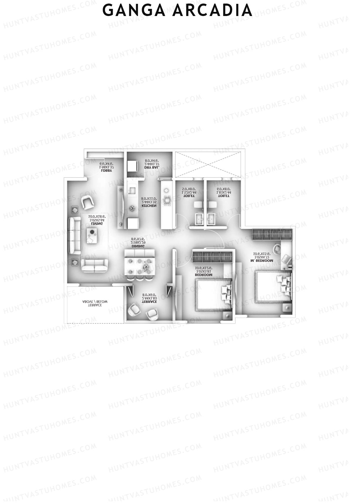 Ganga Arcadia, Tower A, Unit 5, 2BHK, Super Area 888   sq ft 