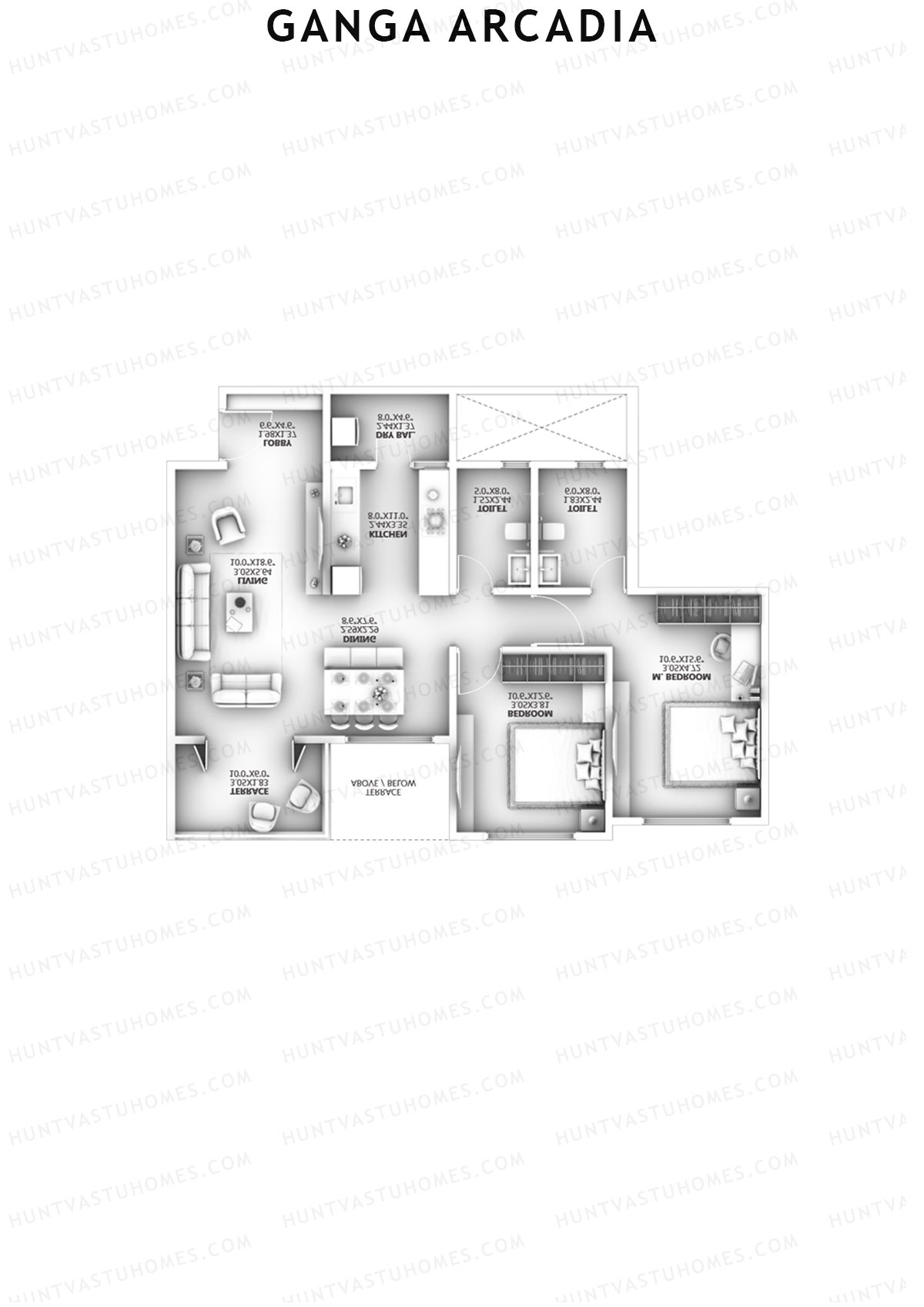 Ganga Arcadia, Tower A, Unit 5, 2BHK, Super Area 898   sq ft 