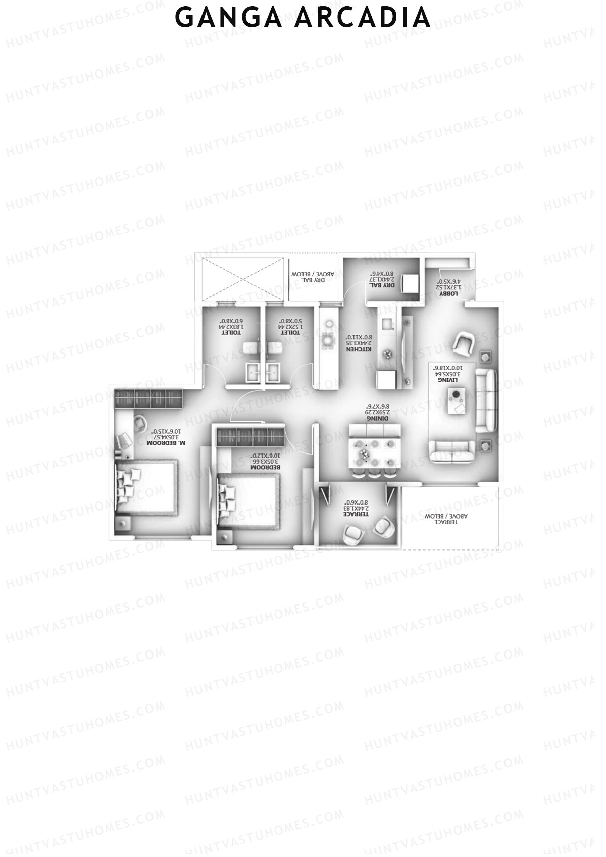 Ganga Arcadia, Tower A, Unit 6, 2BHK, Super Area 878   sq ft 