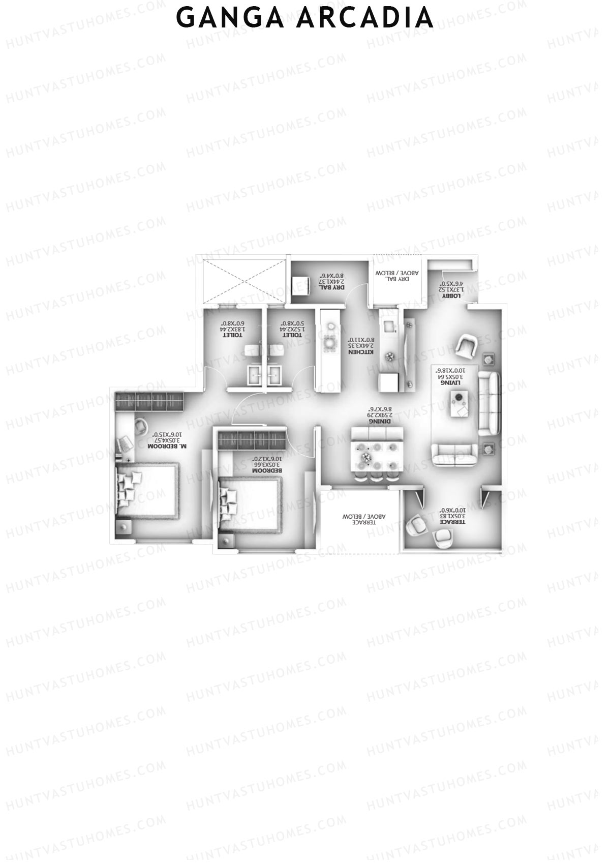 Ganga Arcadia, Tower A, Unit 6, 2BHK, Super Area 885   sq ft 