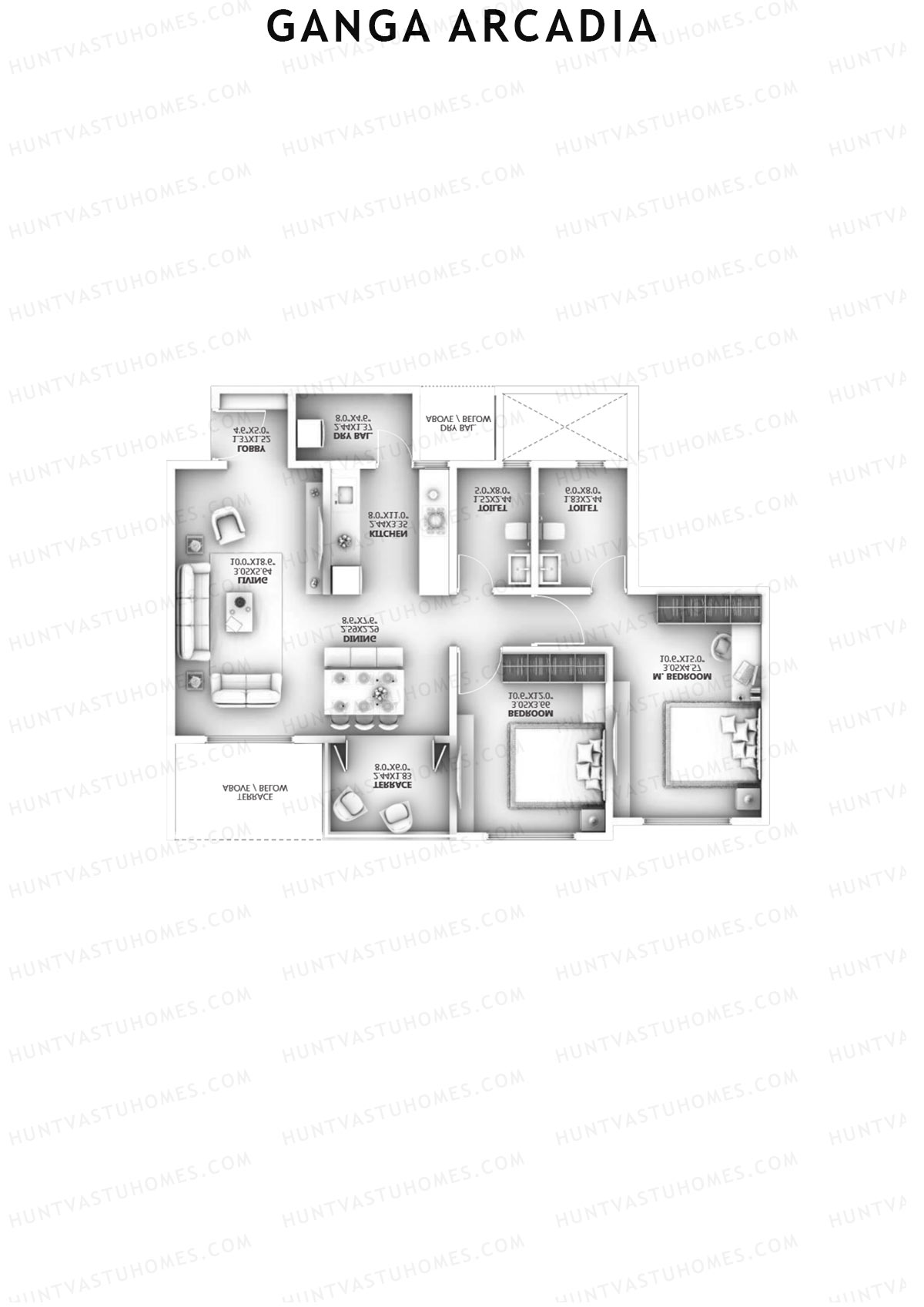 Ganga Arcadia, Tower A, Unit 7, 2BHK, Super Area 880   sq ft 