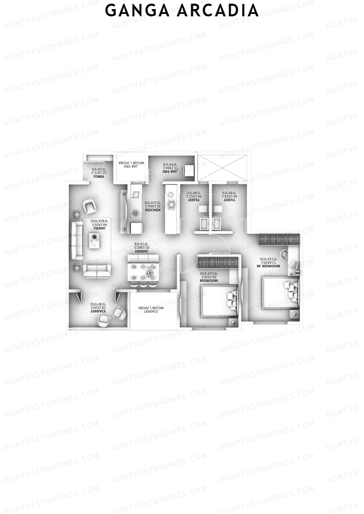 Ganga Arcadia, Tower A, Unit 7, 2BHK, Super Area 887   sq ft 