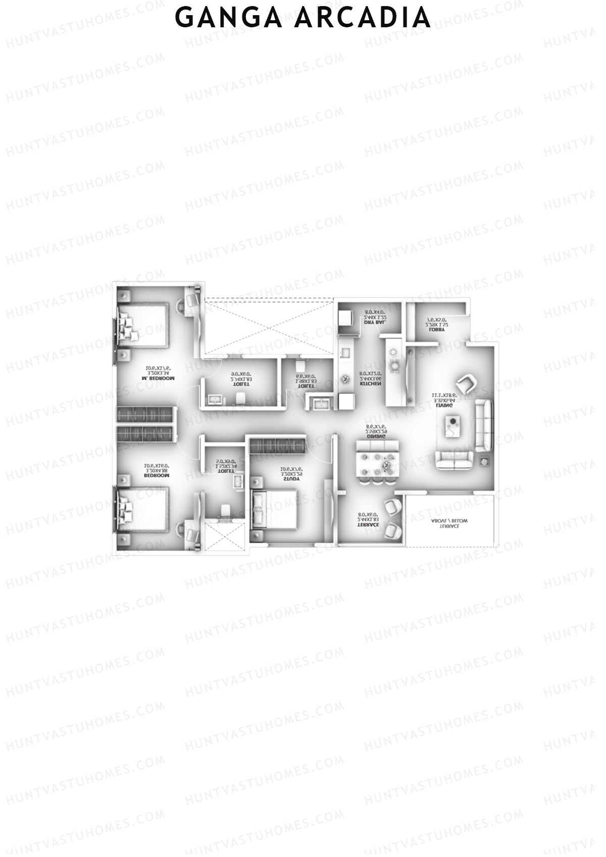 Ganga Arcadia, Tower A, Unit 8, 3BHK, Super Area 1211   sq ft 