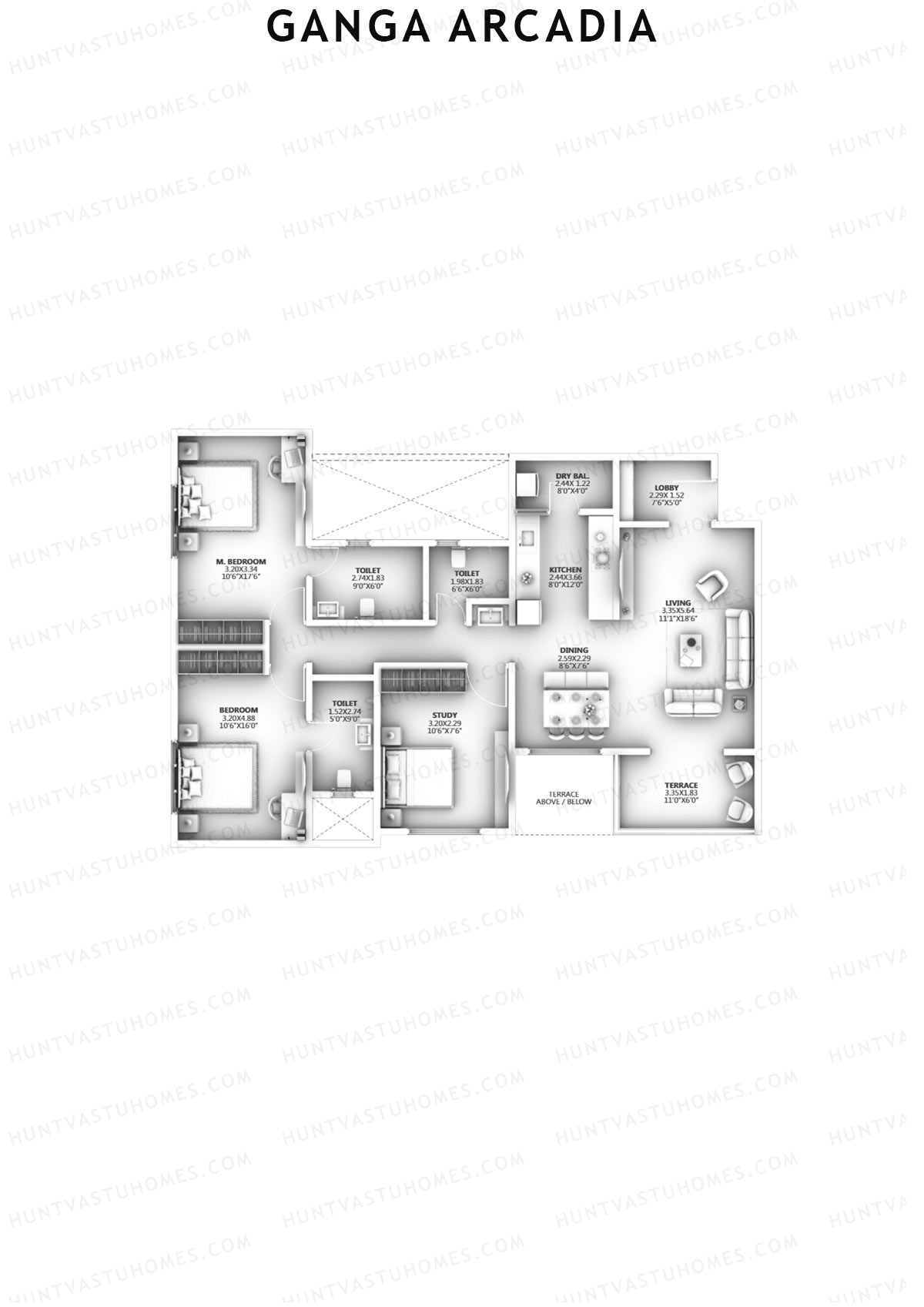 Ganga Arcadia, Tower A, Unit 8, 3BHK, Super Area 1227   sq ft 
